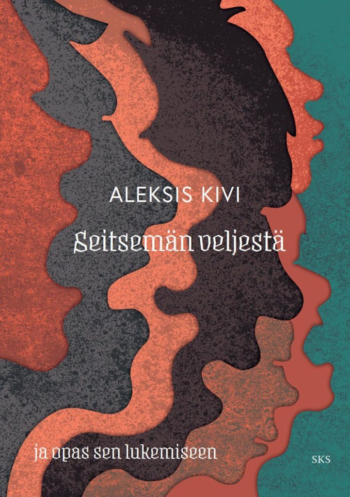 Kirjan kannessa lomittain seitsemien kasvojen siluetit, suut ovat auki. 