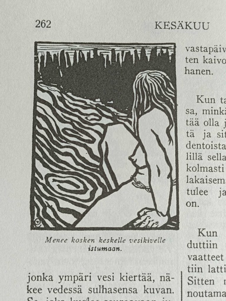 Mustavalkoinen paksuviivainen piirros, nainen istuu keskellä virtaavaa vettä. Kuvateksti: Menee kosken keskelle vesikivelle istumaan. 